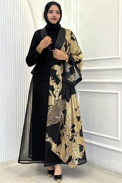 Büyük Beden Gold Desenli Abaya Takım Siyah OTW46925