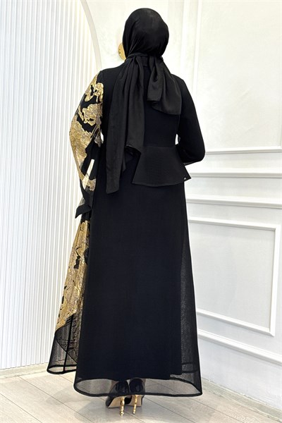 Büyük Beden Gold Desenli Abaya Takım Siyah OTW46925