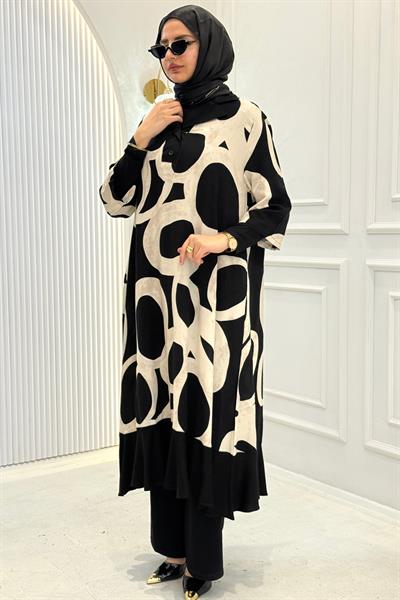 Büyük Beden Gömlek Yaka Desenli Uzun Tesettür Elbise Siyah OTW5026