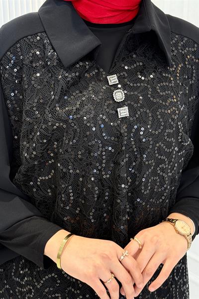 Büyük Beden Gömlek Yaka Pul Payet Elbise Siyah OTW3907