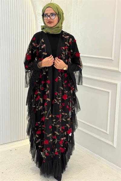 Büyük Beden Gül İşlemeli Tül Abaya Kırmızı OTW2632