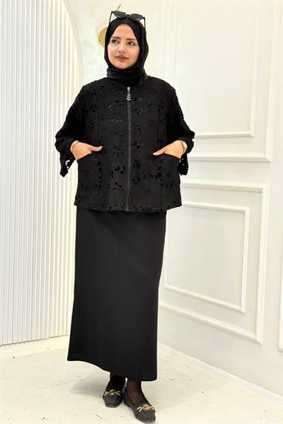 Büyük Beden Güpür Dantel Şık Ceket Siyah OTW4147