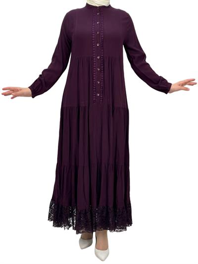 Büyük Beden Güpürlü Yıkanmış Viskon Elbise Mor OTW4423