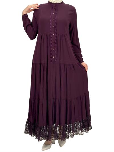 Büyük Beden Güpürlü Yıkanmış Viskon Elbise Mor OTW4423