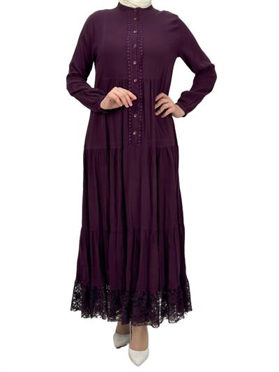 Büyük Beden Güpürlü Yıkanmış Viskon Elbise Mor OTW4423