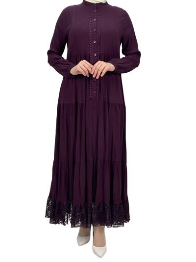 Büyük Beden Güpürlü Yıkanmış Viskon Elbise Mor OTW4423