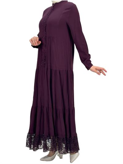 Büyük Beden Güpürlü Yıkanmış Viskon Elbise Mor OTW4423
