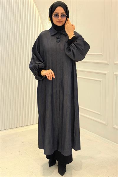 Büyük Beden Hakim Yaka Uzun Tesettür Elbise Mavi OTW9525