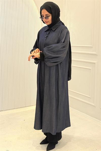 Büyük Beden Hakim Yaka Uzun Tesettür Elbise Mavi OTW9525