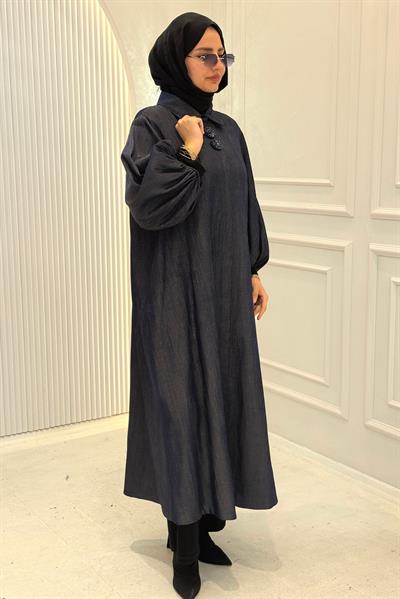 Büyük Beden Hakim Yaka Uzun Tesettür Elbise Mavi OTW9525