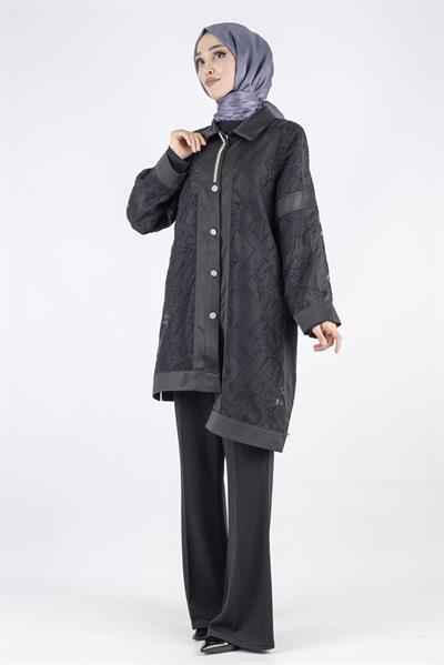 Büyük Beden İçlik ve Yakma Ceket İkili Takım Siyah OTW3006