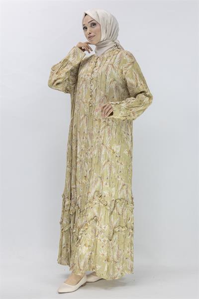 Büyük Beden İçlikli Tropikal Desenli Elbise Yeşil OTW5866