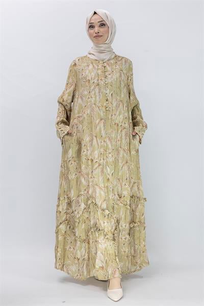 Büyük Beden İçlikli Tropikal Desenli Elbise Yeşil OTW5866