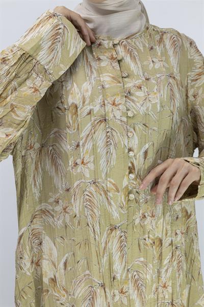 Büyük Beden İçlikli Tropikal Desenli Elbise Yeşil OTW5866