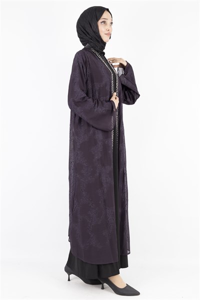 Büyük Beden İnci Çakmalı Abaya Takım Mürdüm OTW42924