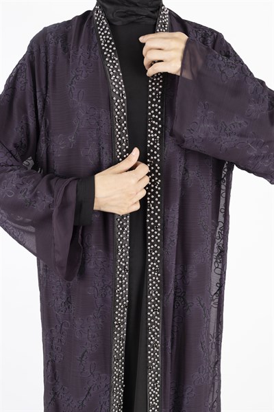 Büyük Beden İnci Çakmalı Abaya Takım Mürdüm OTW42924