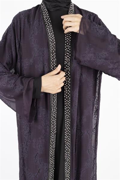 Büyük Beden İnci Çakmalı Abaya Takım Mürdüm OTW42924