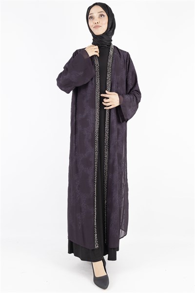 Büyük Beden İnci Çakmalı Abaya Takım Mürdüm OTW42924