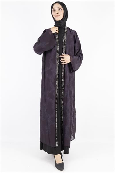 Büyük Beden İnci Çakmalı Abaya Takım Mürdüm OTW42924