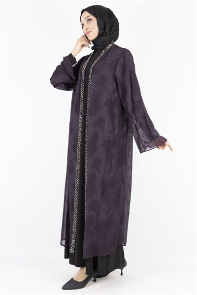 Büyük Beden İnci Çakmalı Abaya Takım Mürdüm OTW42924