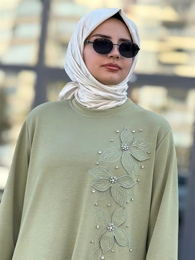 Büyük Beden İnci Çiçek Detaylı Oysho Tunik Mint OTW2196