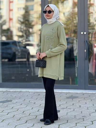 Büyük Beden İnci Çiçek Detaylı Oysho Tunik Mint OTW2196