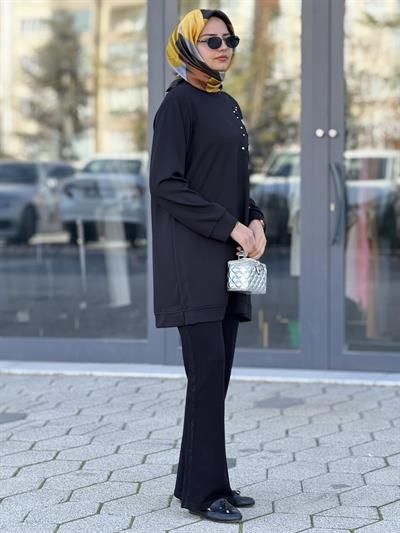 Büyük Beden İnci Çiçek Detaylı Oysho Tunik Siyah OTW2196