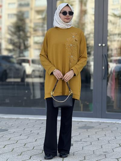 Büyük Beden İnci Çiçek Detaylı Oysho Tunik Hardal OTW2196