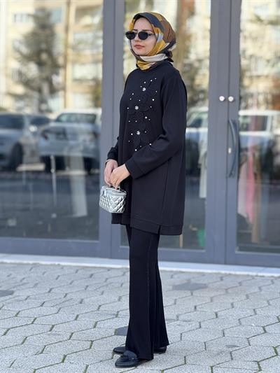 Büyük Beden İnci Çiçek Detaylı Oysho Tunik Siyah OTW2196