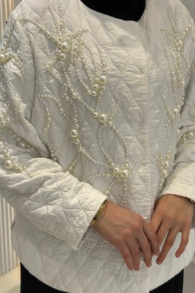 Büyük Beden İnci Detaylı Kapitone Ceket Beyaz OTW9513