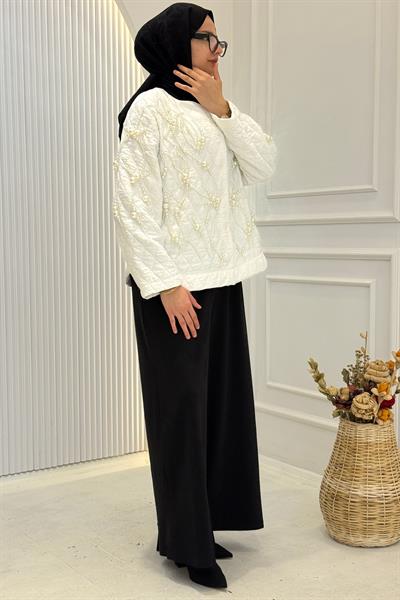 Büyük Beden İnci Detaylı Kapitone Ceket Beyaz OTW9513