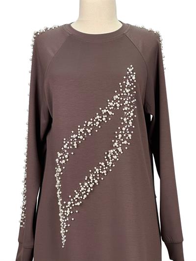 Büyük Beden İnci Detaylı Tunik Kahve OTW2131