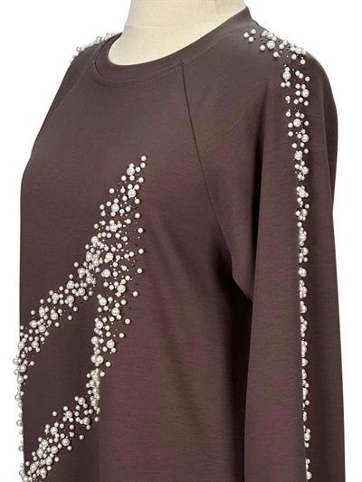 Büyük Beden İnci Detaylı Tunik Kahve OTW2131