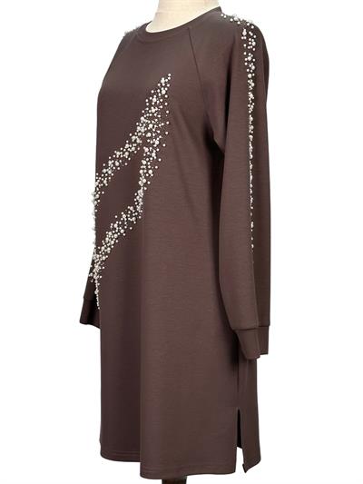 Büyük Beden İnci Detaylı Tunik Kahve OTW2131