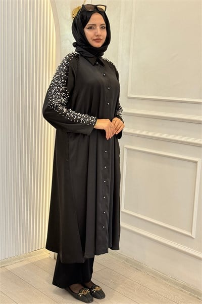 Büyük Beden İnci Detaylı Uzun Gömlek Tunik Siyah OTW2861