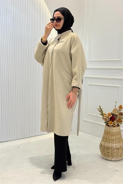 Büyük Beden İnci Düğmeli Kuşaklı Kaban Bej OTW9818