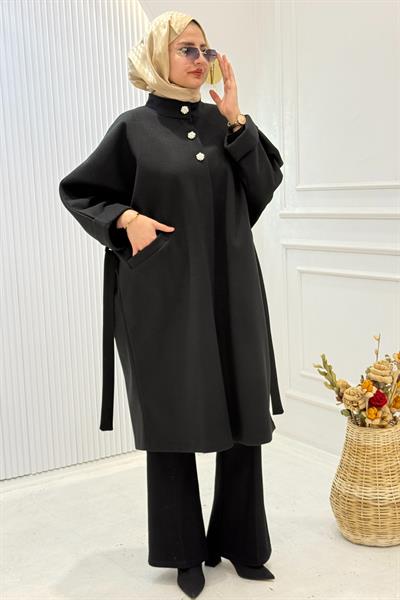 Büyük Beden İnci Düğmeli Kuşaklı Kaban Siyah OTW9818