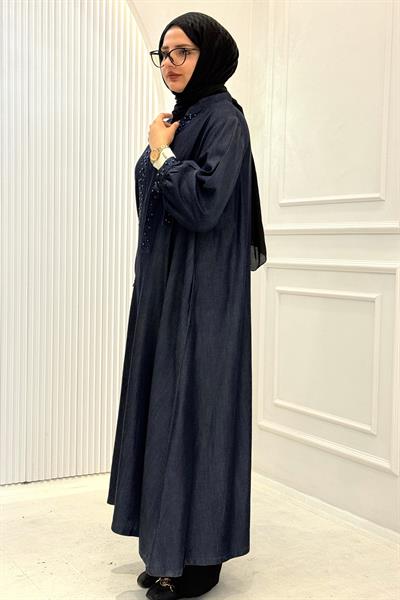 Büyük Beden İnci İşlemeli Tensel Kot Tunik Elbise Mavi OTW1602