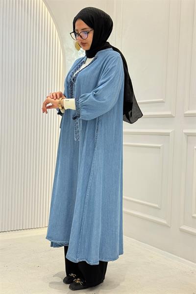 Büyük Beden İnci İşlemeli Tensel Kot Tunik Elbise Kot Mavi OTW1602