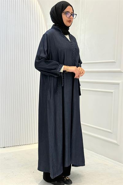 Büyük Beden İnci İşlemeli Tensel Kot Tunik Elbise Mavi OTW1602