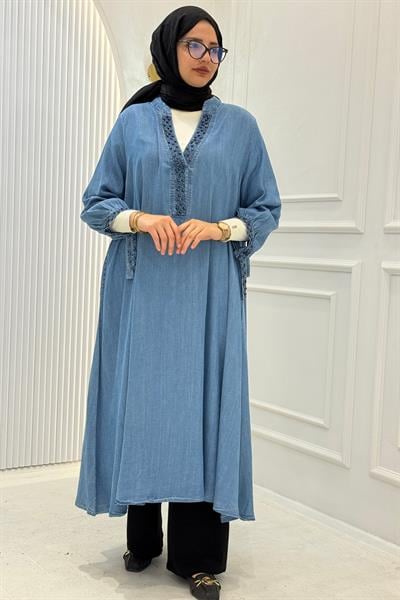 Büyük Beden İnci İşlemeli Tensel Kot Tunik Elbise Kot Mavi OTW1602