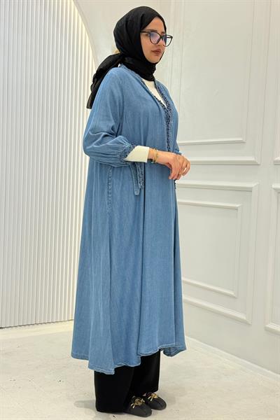 Büyük Beden İnci İşlemeli Tensel Kot Tunik Elbise Kot Mavi OTW1602