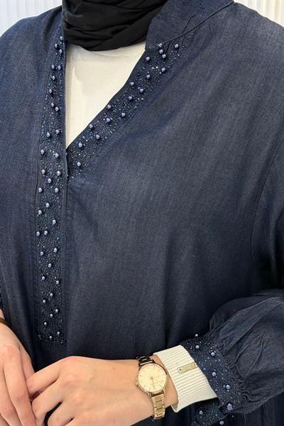 Büyük Beden İnci İşlemeli Tensel Kot Tunik Elbise Mavi OTW1602