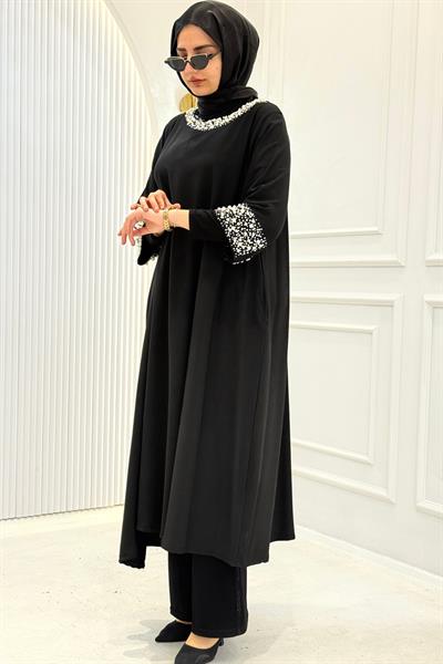 Büyük Beden İnci İşlemeli Tesettür Elbise Siyah OTW1950