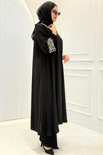 Büyük Beden İnci İşlemeli Tesettür Elbise Siyah OTW1950
