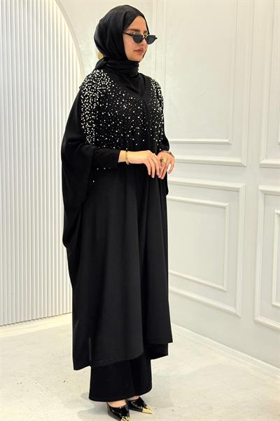 Büyük Beden İnci Taşlı Yarasa Kol Abaya Siyah OTW1776