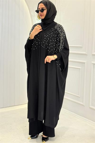 Büyük Beden İnci Taşlı Yarasa Kol Abaya Siyah OTW1776