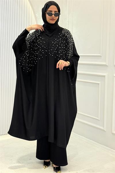 Büyük Beden İnci Taşlı Yarasa Kol Abaya Siyah OTW1776
