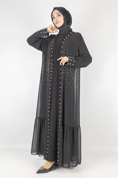 Büyük Beden İncili Abaya Takım Siyah OTW25354