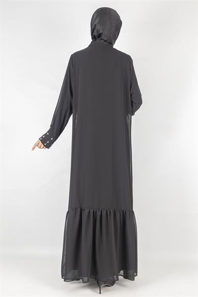 Büyük Beden İncili Abaya Takım Siyah OTW25354